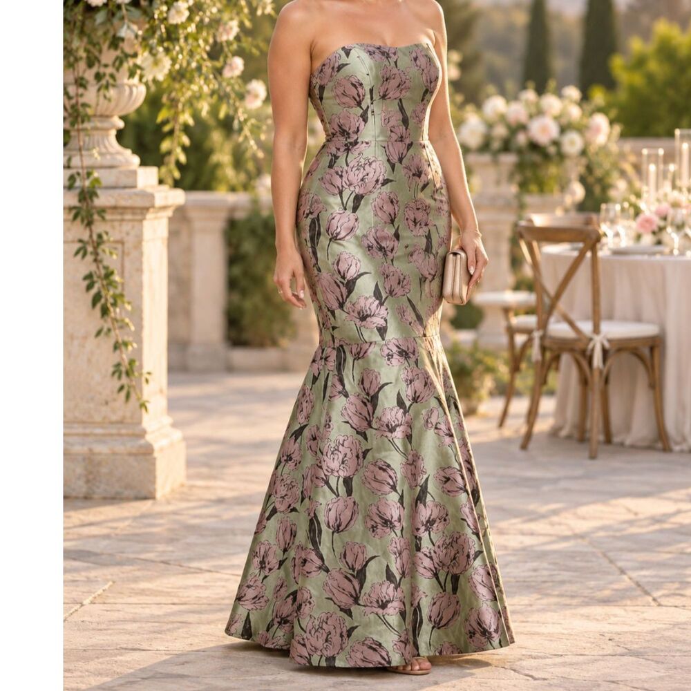 Lulus Gowning Around Sage Floral Jacquard Strapless Maxi Dress L Wedding Guest